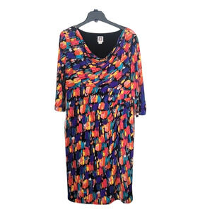Anne Klein Multi Color Abstract Graphic Women Dress Drape Neck Size 14